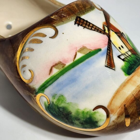Hand Painted Ceramic Dutch Clog Whindmill Planter Shoe Brown Gold Vintage Japan - Picture 10 of 10